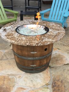 wine barrel table with fire pit