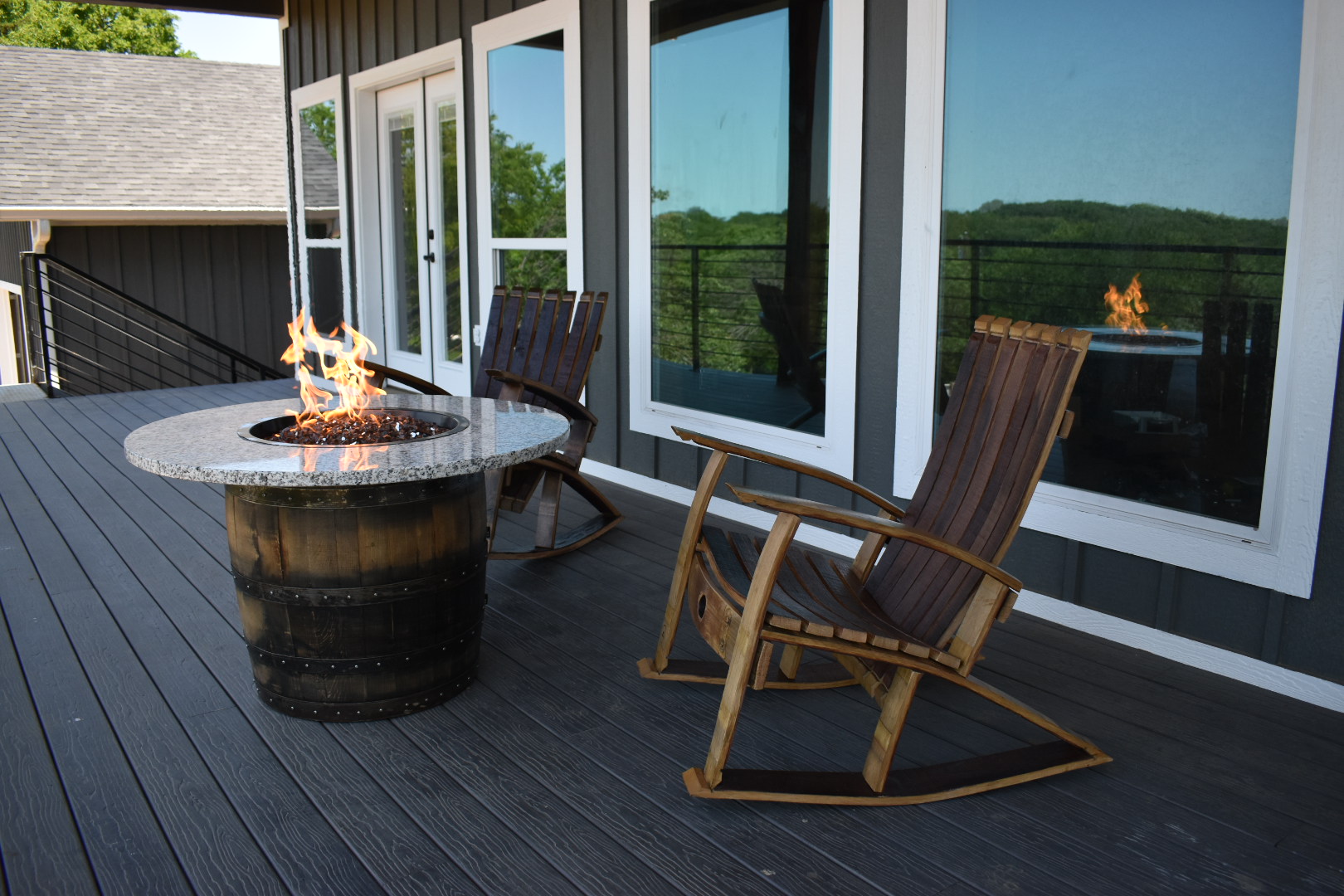 Whiskey Barrel Fire Table and two rockers